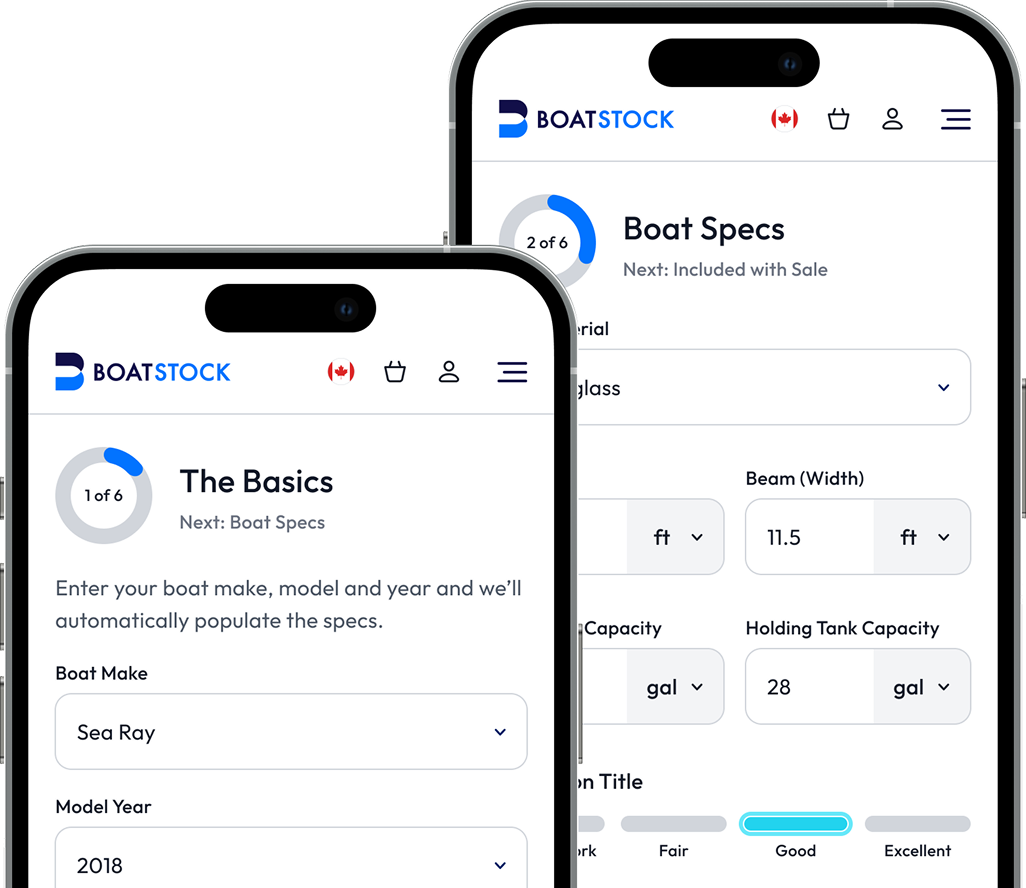 Listing flow: boat make and model, then specs such as material and dimensions